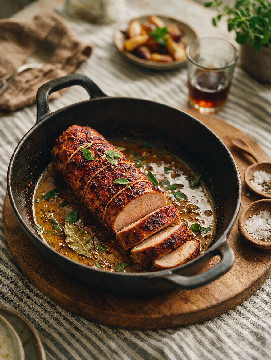 Angled view of Jerk Pork Tenderloin showcasing browned slices in herb sauce, served in a black skillet on a wooden board