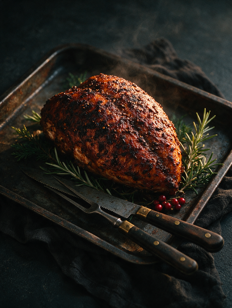 Close-up of Jerk Turkey Breast showcasing a browned seasoned crust on a roasting tray with rosemary