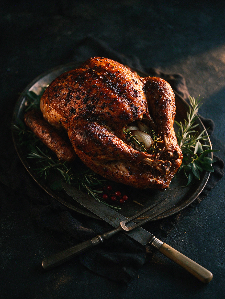 Front view of Whole Roasted Jerk Turkey showcasing browned skin, herbs, and carving utensils on a dark plate