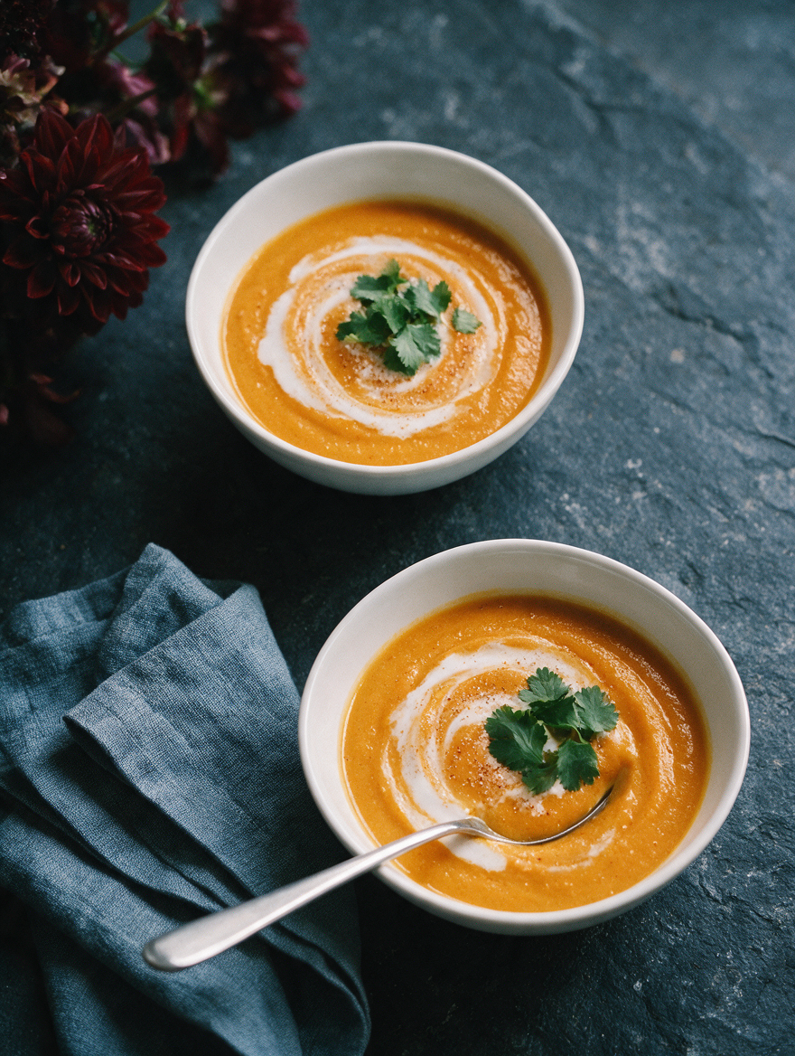 Overhead view of Pumpkin Soup showcasing two bowls with creamy swirls, cilantro garnish, and spoon on dark tabletop
