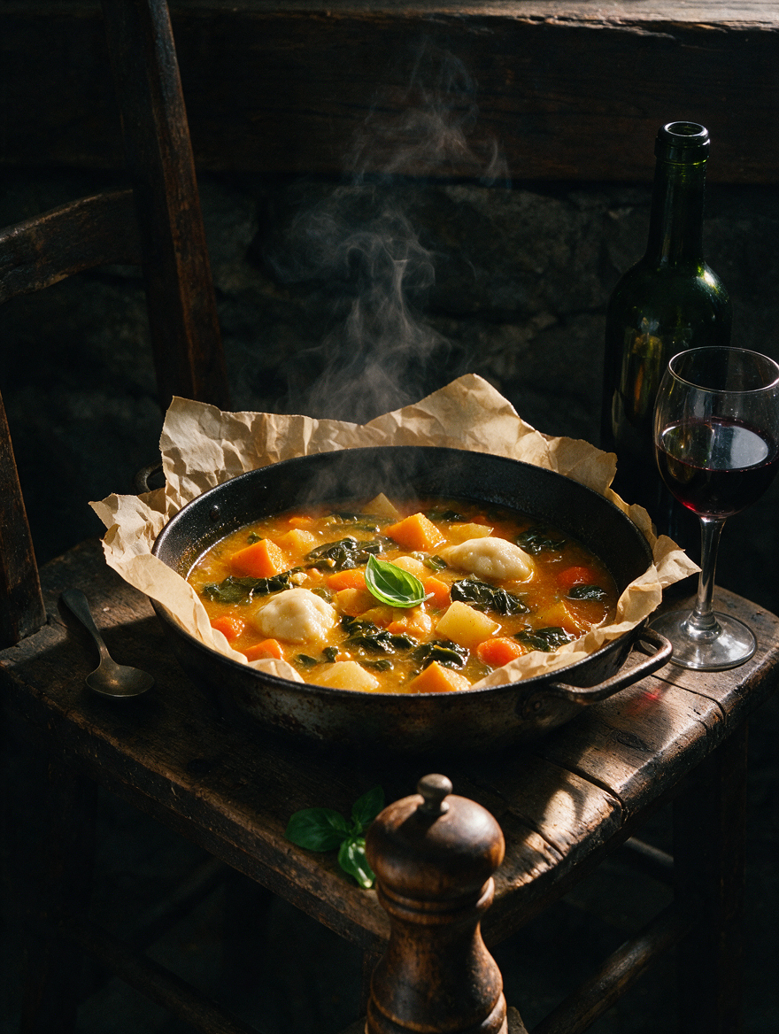 Close view of Jamaican Vegetable Soup showcasing vegetables and dumplings in a steaming skillet on a rustic wooden table