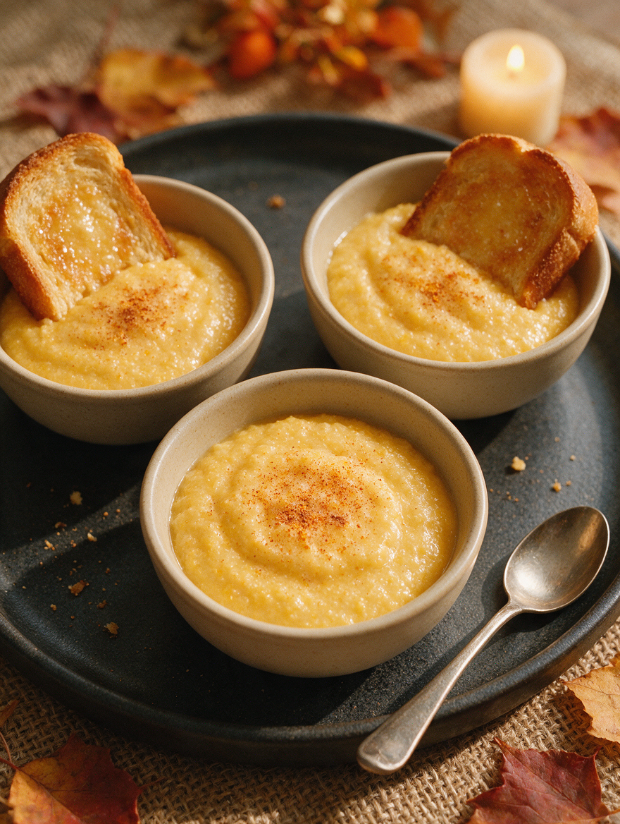 Close-up of Cornmeal Porridge showcasing three bowls topped with cinnamon and toast with autumn leaves in background