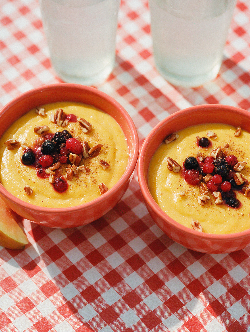 Close-up of Jamaican Cornmeal Porridge topped with berries and pecans on a red checkered tablecloth