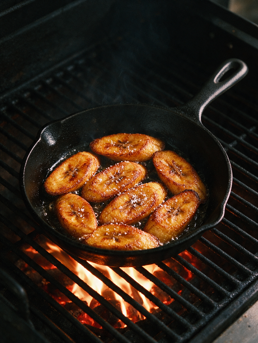 Close-up of Jamaican Fried Plantain showcasing golden-brown slices in a skillet over glowing grill flames
