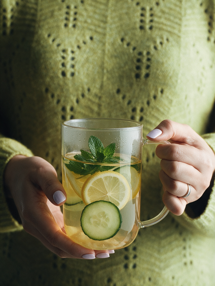 Person holding Coconut Lemon Detox Water with lemon, cucumber, and mint in a glass mug