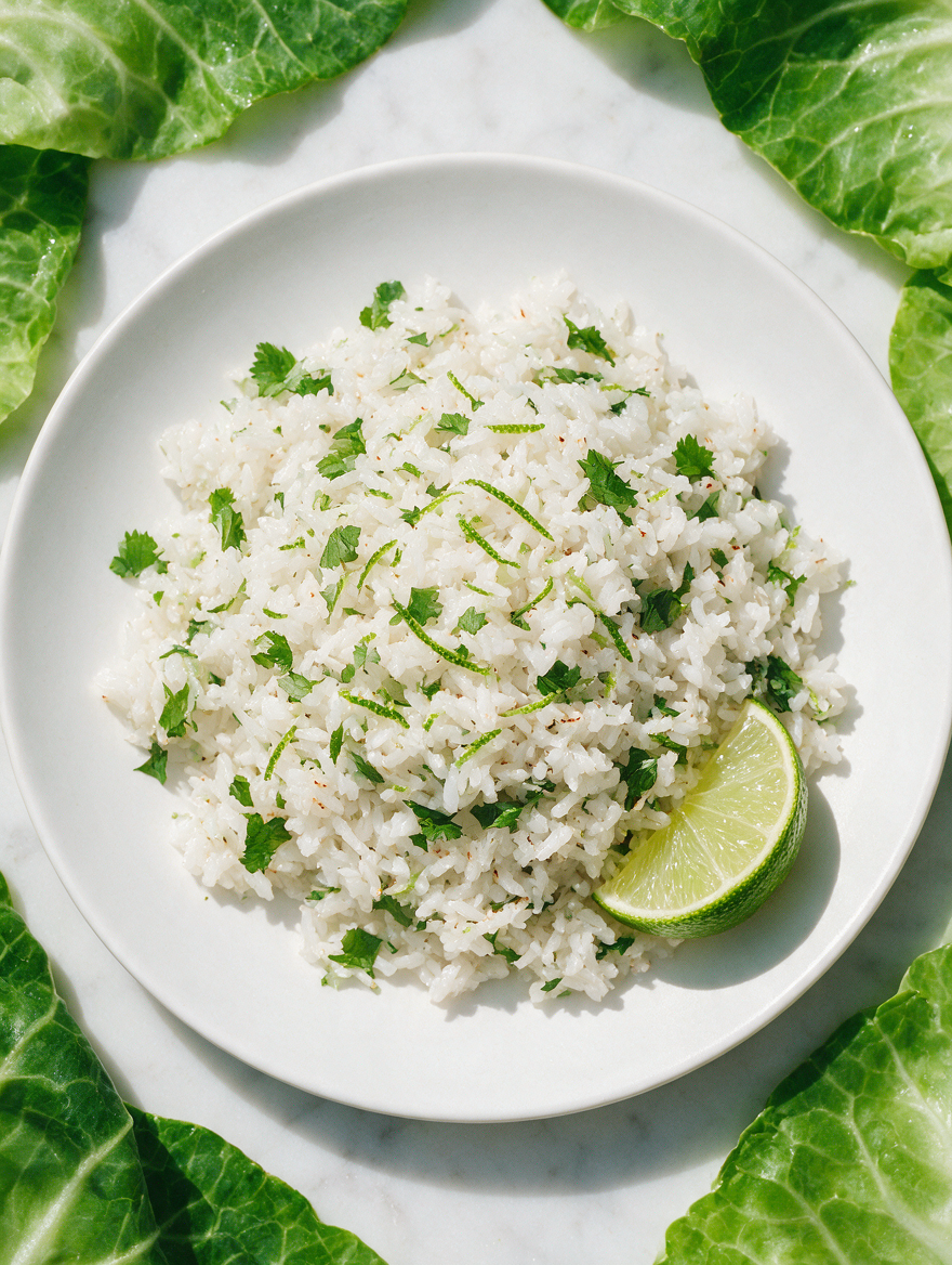 Top view of Lime Cilantro Coconut Rice garnished with cilantro and lime on a white plate with leafy greens