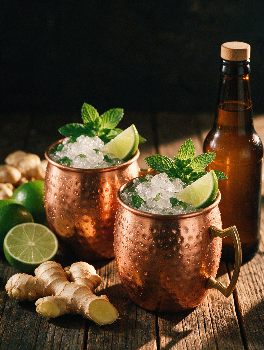 Front view of Coconut Moscow Mule drinks showcasing crushed ice, lime wedges, and mint in copper mugs on a wooden table