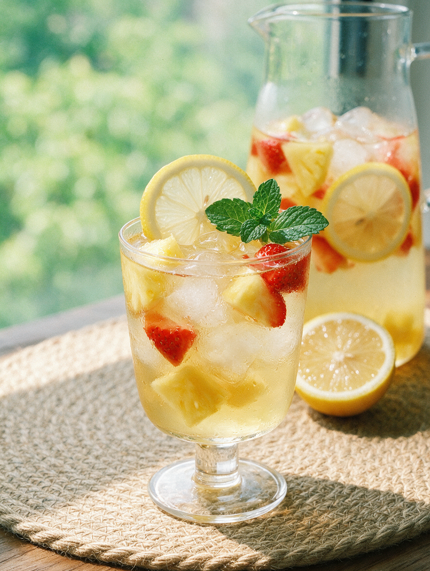 Front view of fruit-infused coconut water showcasing strawberries, pineapple, lemon, mint, and ice with a pitcher in the background
