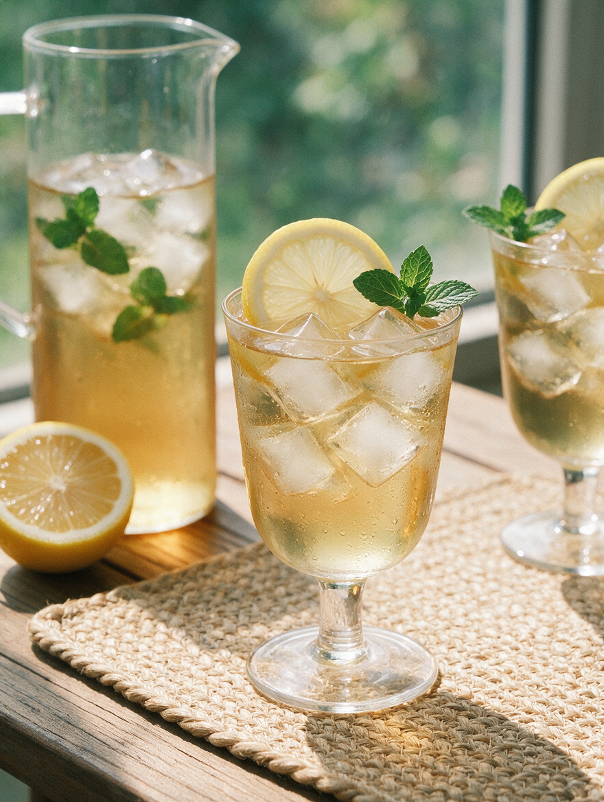 Coconut Iced Green Tea served over ice with lemon and mint, alongside two glasses and a pitcher