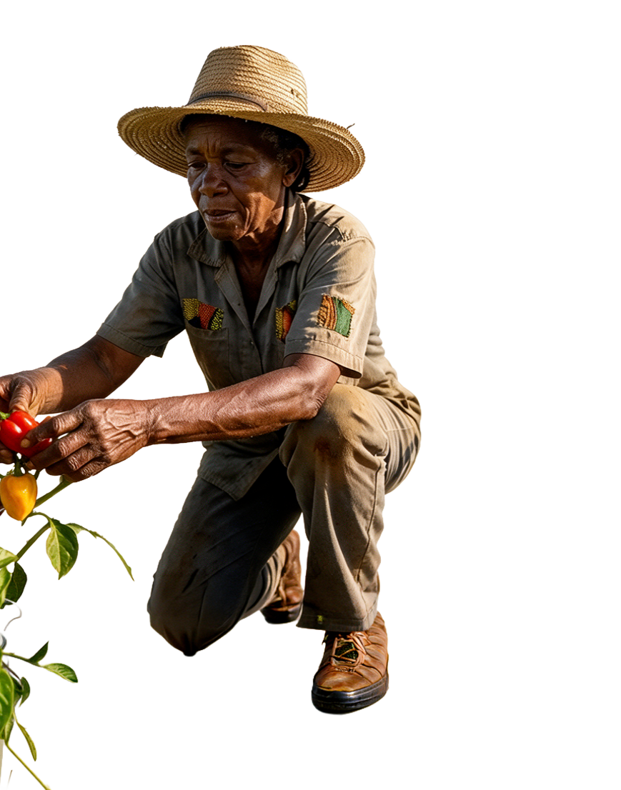 Farmer handpicking peppers for Grace hot sauces