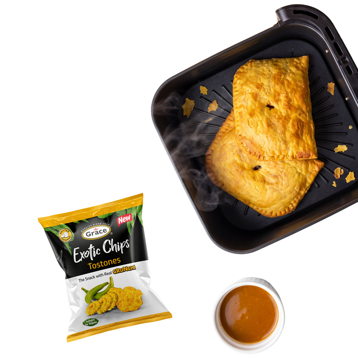 Grace Exotic Chips and flaky Jamaican patties served with pepper sauce in a snack spread